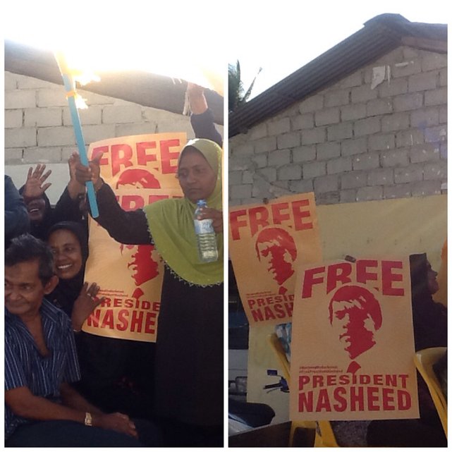 "Uwolnić Prezydenta Nasheeda," - pokojowe wiece w sprawie uwolnienia byłego prezydenta Malediwów, tego dnia odbywały się na w wielu miasteczkach i wioskach Malediwów•Foto: D. Jaworska